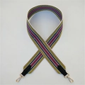 Colorful geometric striped wide shoulder strap with gold hooks and black leather ends - Silver Clasp / Yellow with Black Leather Trim