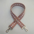 Adjustable rose pink canvas shoulder strap with white V-shaped embroidery and gold clips - Silver Clasp / Pink