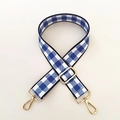 Detail of adjustable blue and white gingham bag strap with polished gold hardware - Width: 3.8cm / Blue & White Plaid