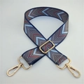 Adjustable bag strap with grey, blue and pink geometric herringbone pattern and gold clips - Blue Water Lily