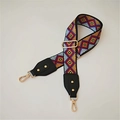 Close-up of colorful geometric woven bag strap with black leather and gold hardware - Rhombus Style 4 Black