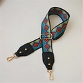 Detail of adjustable geometric colorful strap with gold hooks and leather ends - Green Diamond Black Leather