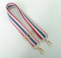 Adjustable red white and blue striped woven bag strap with golden metal swivel hooks - Silver Clasp / Navy Blue and Red