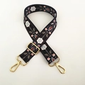 Ethnic style floral embroidery bag strap with gold metal buckles and adjustable length - Black and White Pattern / Silver Clasp
