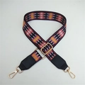 Ethnic wide bag strap with red and yellow geometric patterns and golden metal hooks - Coffee Rhombus With Black Leather End