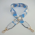 Adjustable wide shoulder strap with blue geometric triangle pattern and gold metal hooks - Blue White Block + White Leather