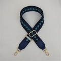 Adjustable wide replacement strap with green V-pattern on dark blue webbing and gold hooks - Blue