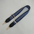 Close-up of adjustable colorful jacquard shoulder strap with gold metal hooks and leather end - No. 8 Blue Grid