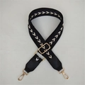 Adjustable black shoulder strap with white herringbone pattern and gold metal hooks - Black