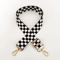 Detail of wide black and white checkerboard canvas strap with adjustable gold buckle - Pattern D1-Gold Buckle