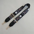 Adjustable wide replacement crossbody bag strap with ethnic floral embroidery and gold hooks - Black and White Floral Pattern Style 4