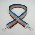 Close-up of rainbow striped thick bag strap with silver metal lobster clasps and buckle - Silver Hook
