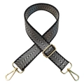 Adjustable black and grey chevron woven shoulder strap with gold-tone metal hooks - US 9