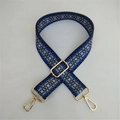 Adjustable navy blue ethnic geometric pattern woven bag strap with gold metal hooks - US 4
