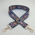 Ethnic bohemian style wide woven shoulder strap with geometric patterns and gold clips - Silver Clasp / Blue Rhinestone