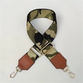 Detail of green camo nylon bag strap with gold metallic thread and leather ends - Green Camouflage With Brown Leather