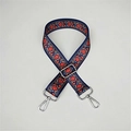 Ethnic bohemian wide woven strap in navy blue with red geometric floral patterns - Dandelion Silver Buckle