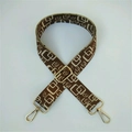 Adjustable wide replacement bag strap with brown and beige geometric pattern and gold clips - Coffee + Khaki Grid