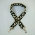 Ethnic wide bag strap with beige geometric jacquard and gold metal hooks - Black Cream Pattern