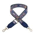 Detail of ethnic geometric embroidered bag strap with gold lobster clasps and buckles - Silver Clasp / Blue Rhombus + Blue Leather