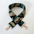 Detail of 5cm wide camouflage jacquard bag strap with gold metal hooks and buckle - Camouflage Green Gold Thread