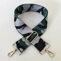 Detail of 5cm wide camouflage bag strap with silver glitter and gold metal hardware - Camouflage Green Silver Thread