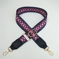 Ethnic style crossbody bag strap with pink and blue geometric patterns and gold clips - Pink Diamond + Black Leather Trim