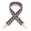 Ethnic style wide adjustable bag strap with beige and navy geometric floral pattern - Silver Clasp / Black Pattern