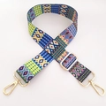 Ethnic style colorful geometric woven shoulder strap with light gold metal lobster clasps - Silver Clasp / Blue Green Pattern