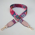 Close-up of pink floral adjustable wide shoulder strap with champagne gold hardware hooks - Silver Clasp / Red Floral with Pink Trim