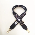 Ethnic style dark blue floral adjustable wide bag strap with gold metal hardware - Black White Flower + Black Leather