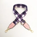Adjustable plaid purse strap with purple and pink grid pattern and gold hardware hooks - Grid Pattern + Pink Leather