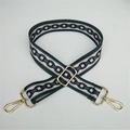 Close-up of ethnic style woven bag strap with green chain pattern and gold metal hooks - Silver Clasp / No.4 Green Circles