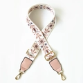Ethnic wide bag strap with snow flower embroidery, pink leather and gold hardware - White Brown Flower + Pink Leather