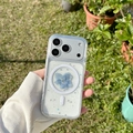 Detail of transparent MagSafe case with blue dried flowers and silver glitter for iPhone - iPhone 17 Pro Max / Epoxy Dried Flower - Blue Layered Hydrangea (Magnetic)