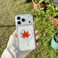 Close-up of clear MagSafe phone case with red maple leaf and silver glitter star patterns - iPhone 17 Pro Max / Epoxy Dried Flower - Red Maple Leaf (Magnetic)