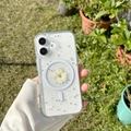 Detailed view of clear MagSafe case with white dried flowers and silver glitter sparkles - iPhone 17 Pro Max / Epoxy Dried Flower - White Larkspur (Magnetic)