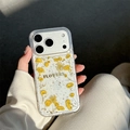 Macro shot of transparent phone case with yellow dried flowers and gold lettering - Real Yellow Flowers / iPhone 7/8/SE 2020