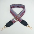 Adjustable woven shoulder strap with black leather ends and gold metal hooks for handbags - Gray-Red Weaving with Black Leather