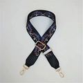 Adjustable black ethnic floral bag strap with gold metal hooks and leather trim - Peacock