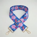 Adjustable blue floral handbag strap with pink flowers and golden metal lobster clasps - Blue Floral Gold Buckle