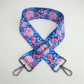 Adjustable blue bag strap with pink rose floral pattern and dark metal swivel hooks - Blue Floral Gunmetal Buckle