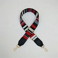 Adjustable wide canvas bag strap with red, black, and grey stripes and golden metal hooks - Colorful Stripes