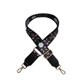 Ethnic embroidered wide strap in black with blue floral patterns and gold hooks - Silver Clasp / Black & White Flowers + Black Leather