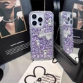 Detail of luxury iPhone case with purple crystals, white pearls and a glittery bow - Model: i17 Pro Max / Purple