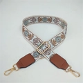 Adjustable wide replacement bag strap with blue and brown ethnic floral woven pattern - White Circles + Brown Leather Trim