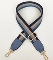 Adjustable striped canvas bag strap in dark blue and beige with golden metal hooks - Blue Stripe Lake Blue Leather