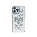 Clear iPhone 16 Pro case with silver rhinestone bows and white pearl accents - Electroplated Frame - Rhinestone Pearl Bowknot / iPhone 7/8/SE 2020