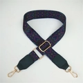 Adjustable wide replacement bag strap with colorful ethnic weave and gold buckles - Purple Pattern + Green Leather Trim