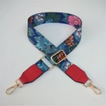 Adjustable floral pattern bag strap with red leather ends and gold metal hooks - Blue Flower + Red Leather